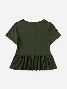 SHEIN VCAY Plus Size V Neck Rib-Knit Peplum Top - Army Green - View 2