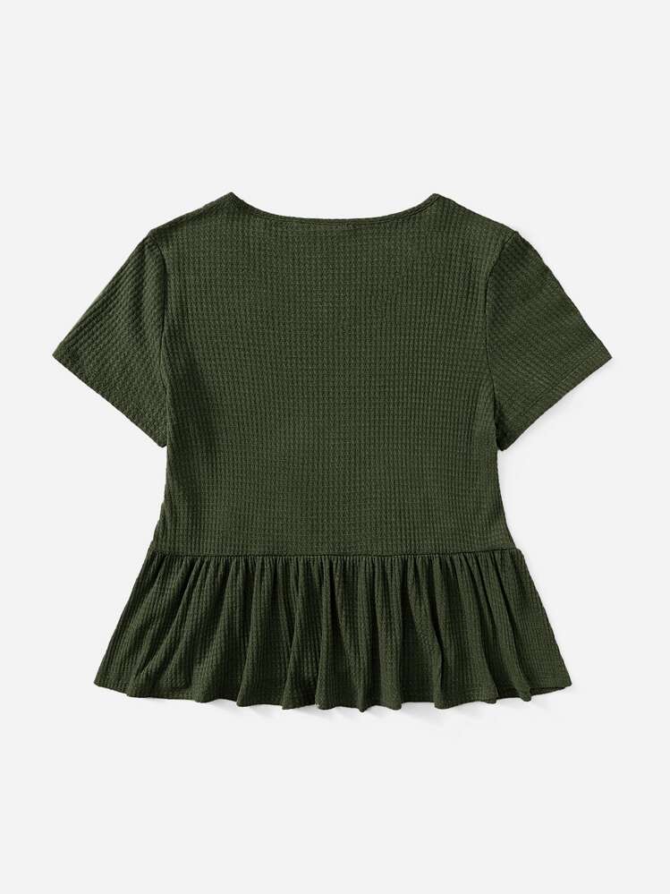 SHEIN VCAY 大码 V 领罗纹针织荷叶边上衣 - 軍綠色 - 查看 2