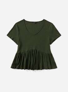 SHEIN VCAY Plus Size V Neck Rib-Knit Peplum Top - Army Green - View 3