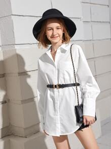 SHEIN Teen Girls Drop Shoulder Curved Hem Blouse Without Belt - White - View 1