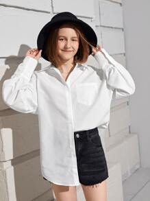 SHEIN Teen Girls Drop Shoulder Curved Hem Blouse Without Belt - White - View 3