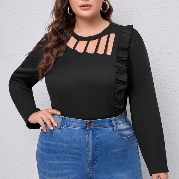 

Plus Cut Out Front Ruffle Trim Blouse, Black