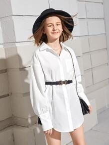 SHEIN Teen Girls Drop Shoulder Curved Hem Blouse Without Belt - White - View 7