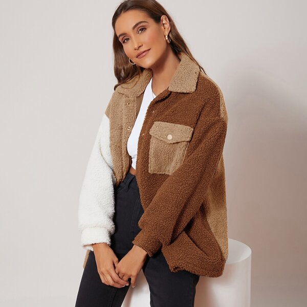 

Flap Pocket Single Breasted Colorblock Teddy Coat, Brown