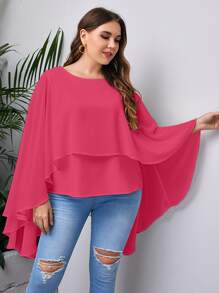 SHEIN LUNE Plus Solid High Low Cloak Sleeve Blouse - Hot Pink - View 1