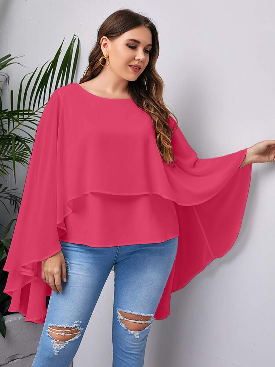 SHEIN LUNE Plus Solid High Low Cloak Sleeve Blouse - Hot Pink - View 1