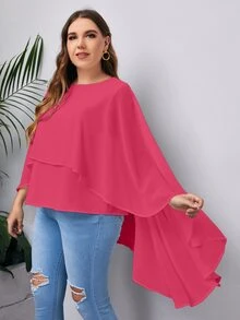 SHEIN LUNE Plus Solid High Low Cloak Sleeve Blouse - Hot Pink - View 3