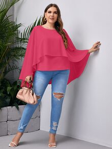 SHEIN LUNE Plus Solid High Low Cloak Sleeve Blouse - Hot Pink - View 4