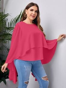 SHEIN LUNE Plus Solid High Low Cloak Sleeve Blouse - Hot Pink - View 5