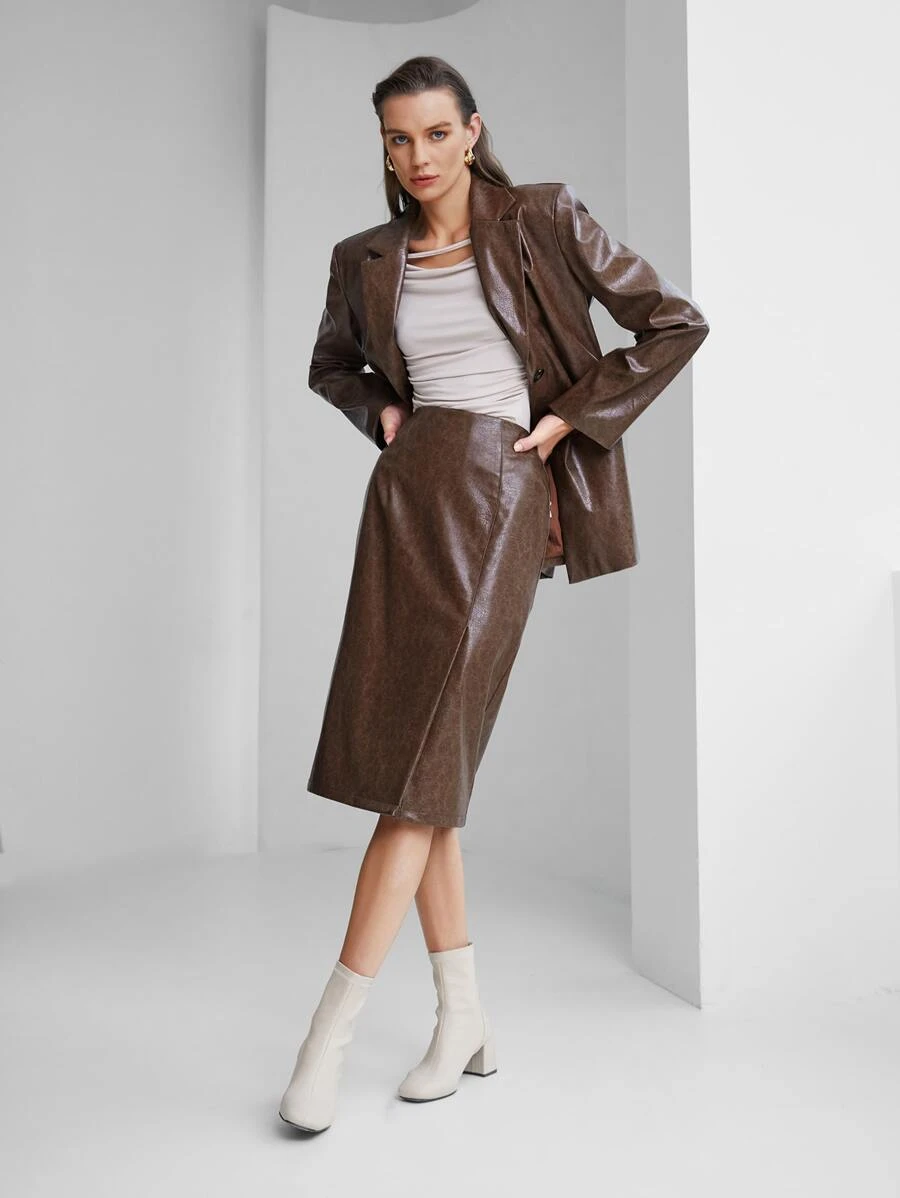 SHEIN 高腰PU皮革直筒半身裙