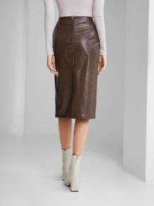 SHEIN 高腰PU皮革直筒半身裙