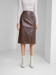 SHEIN 高腰PU皮革直筒半身裙