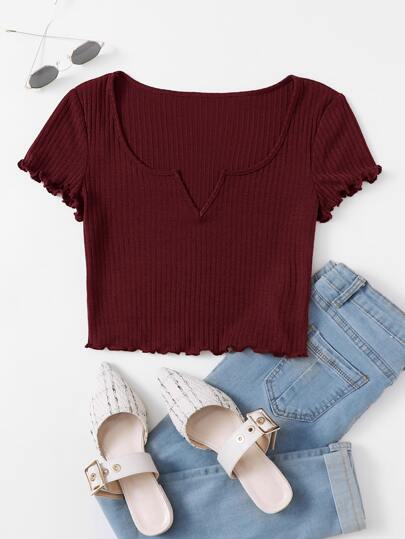 SHEIN EZwear Plus Notch Neck Lettuce Edge Tee