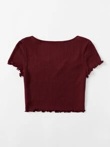 SHEIN EZwear Plus Notch Neck Lettuce Edge Tee - Burgundy - View 2