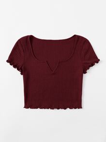 SHEIN EZwear Plus Notch Neck Lettuce Edge Tee - Burgundy - View 4