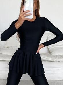 Plain Full Cover Hooded Burkini Swimwear Set, For Summer Beach Vacation - Black - View 1