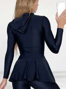 Plain Full Cover Hooded Burkini Swimwear Set, For Summer Beach Vacation - Black - View 2