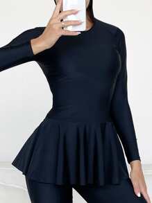 Plain Full Cover Hooded Burkini Swimwear Set, For Summer Beach Vacation - Black - View 4