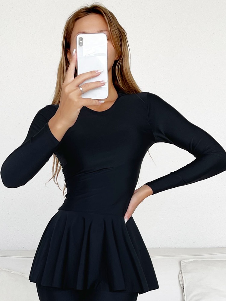 纯色全罩式连帽布基尼泳衣套装，适合夏季海滩度假 - 黑色 - 查看 6