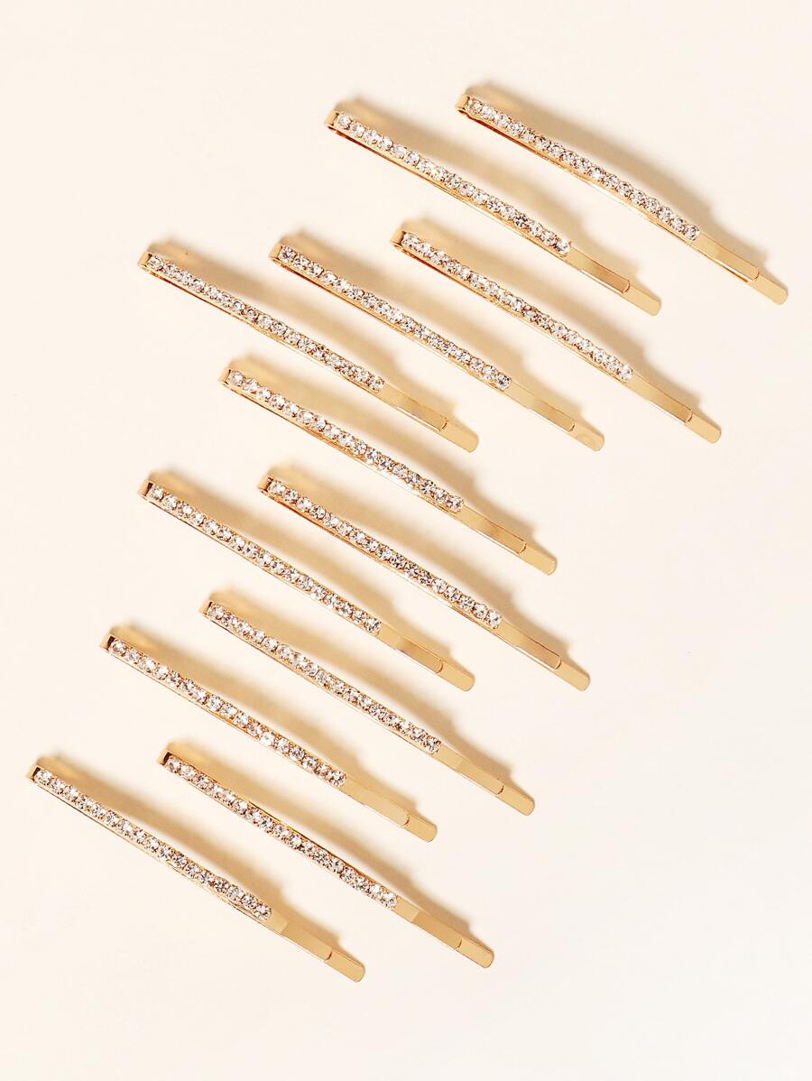 12个/卡装 女士日常水钻发夹套装，基础款发夹套装，适合发型设计、派对造型、发饰、头部配饰、发卡、发夹 - 金色 - 查看 1