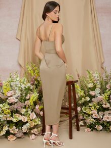 SHEIN Belle Váy phù dâu Bất đối xứng Xù Dây kéo màu trơn Thanh lịch - Màu Khaki - Xem 2