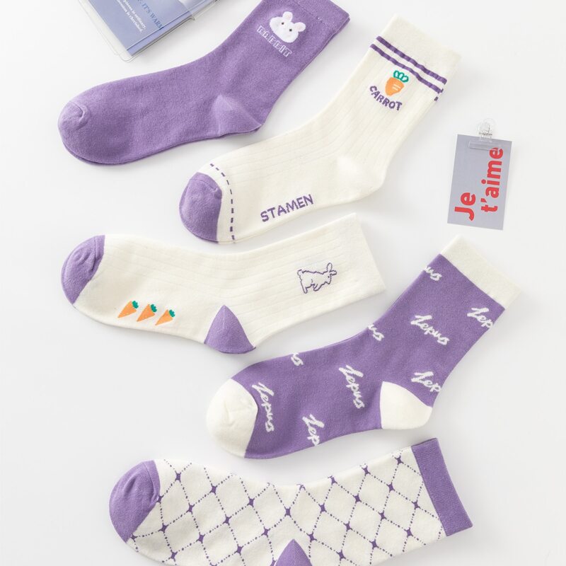 

5pairs Rabbit Print Crew Socks, Multicolor