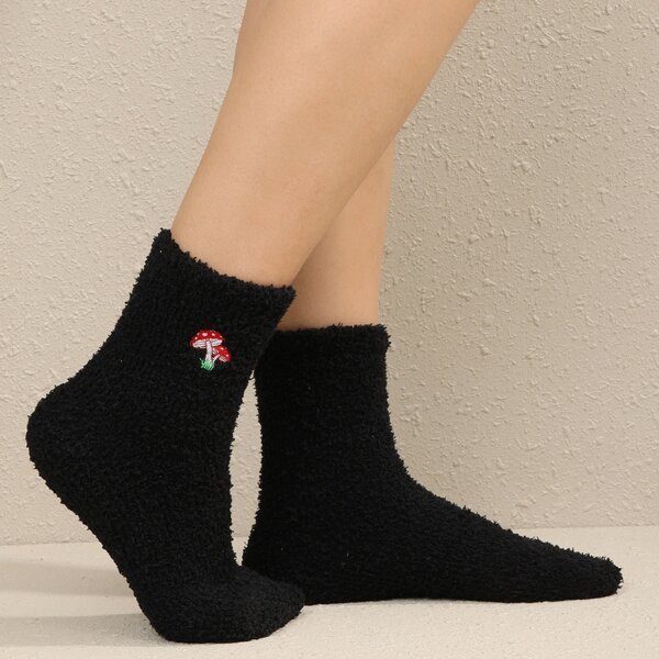 

Mushroom Embroidered Fuzzy Socks, Black