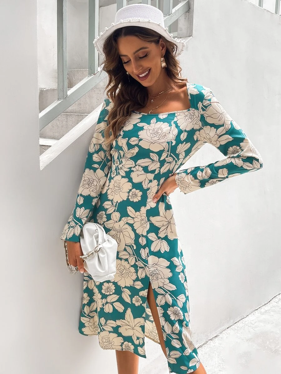 Floral Print Split Hem Dress - Multicolor - View 1