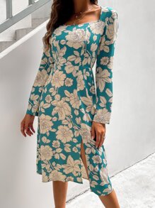 Floral Print Split Hem Dress - Multicolor - View 5