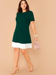 SHEIN LUNE 大碼拼接下擺飘逸連衣裙 - 墨綠色 - 查看 3