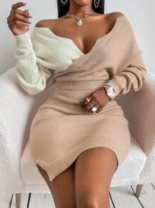 SHEIN SXY 圍裹胸襟雙色毛衣裙 - 彩色 - 查看 1