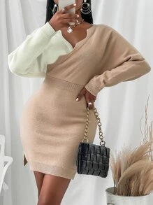 SHEIN SXY 圍裹胸襟雙色毛衣裙 - 彩色 - 查看 3