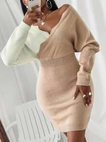SHEIN SXY 圍裹胸襟雙色毛衣裙 - 彩色 - 查看 4