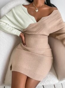 SHEIN SXY 圍裹胸襟雙色毛衣裙 - 彩色 - 查看 6