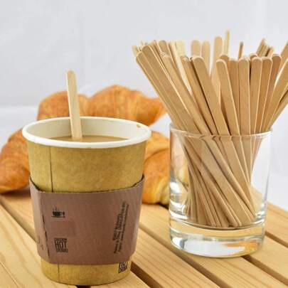 100個 木製コーヒー スターラー、日常的な丸形 使い捨てスターラースティック学校の必需品 新学期準備