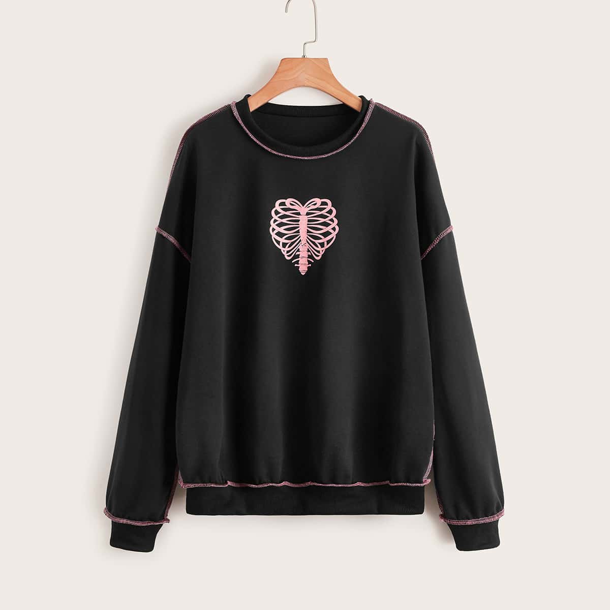 

Stitching Trim Skeleton Graphic Sweatshirt, Black