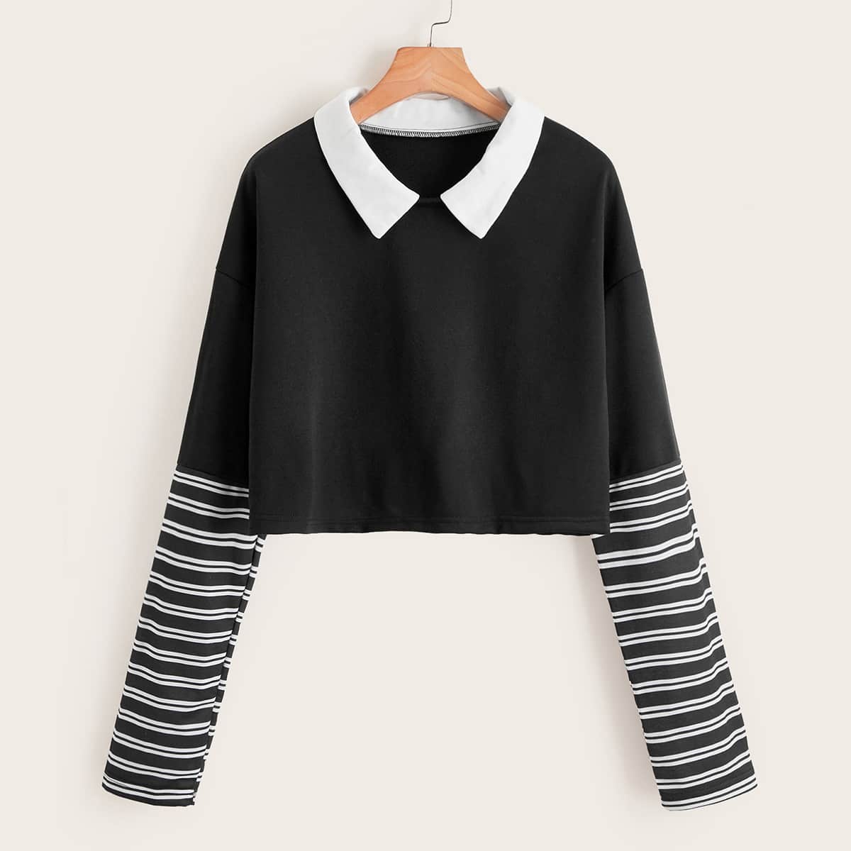 

Striped Sleeve Contrast Collar Crop Tee, Black and white