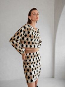 SHEIN Argyle Pattern Drop Shoulder Jumper - Multicolor - View 1