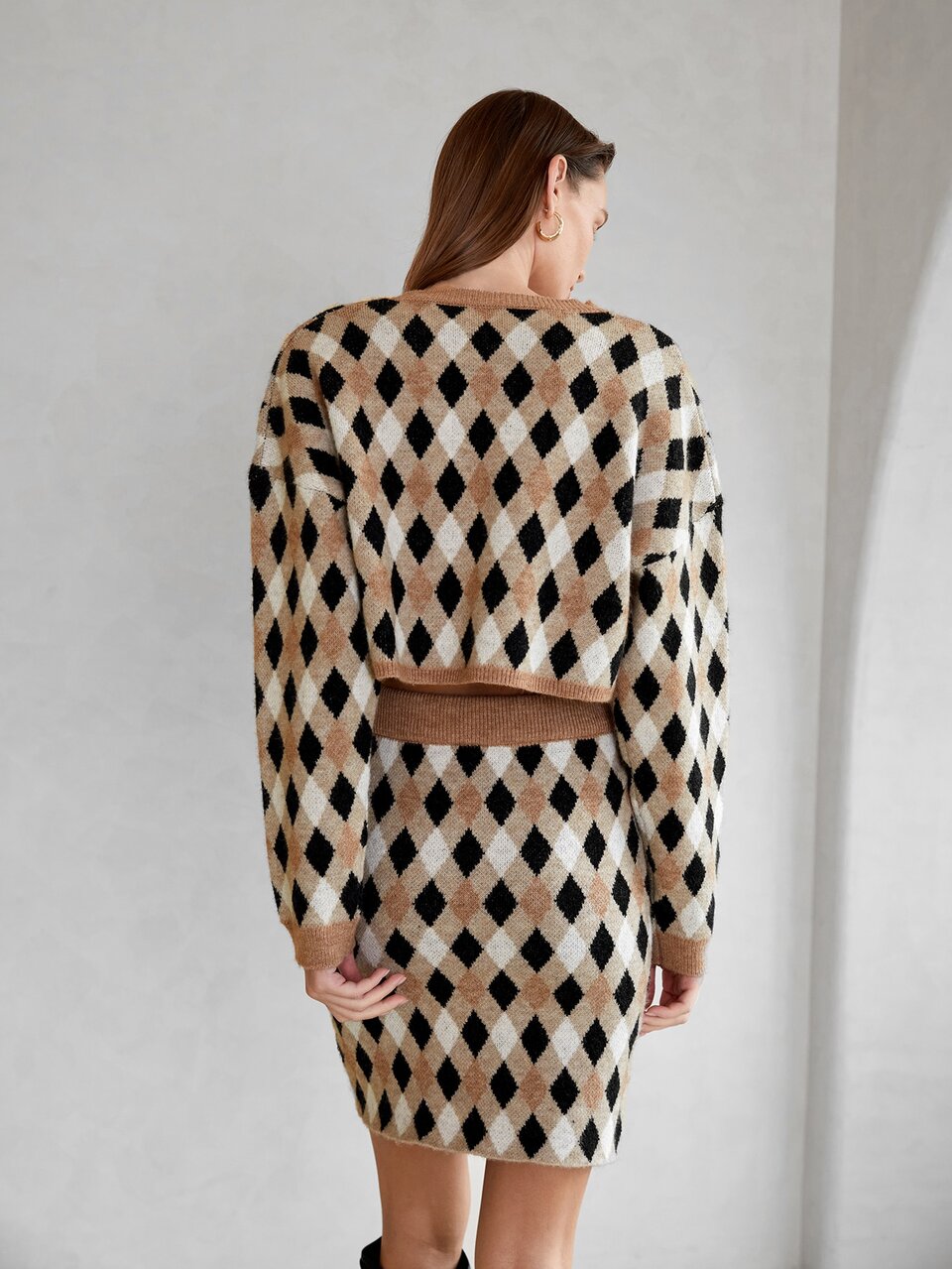 Argyle Pattern Drop Shoulder Sweater