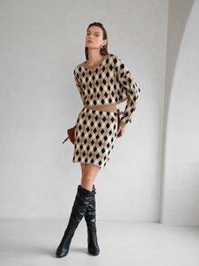 SHEIN Argyle Pattern Drop Shoulder Jumper - Multicolor - View 3