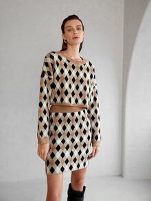 SHEIN Argyle Pattern Drop Shoulder Jumper - Multicolor - View 5