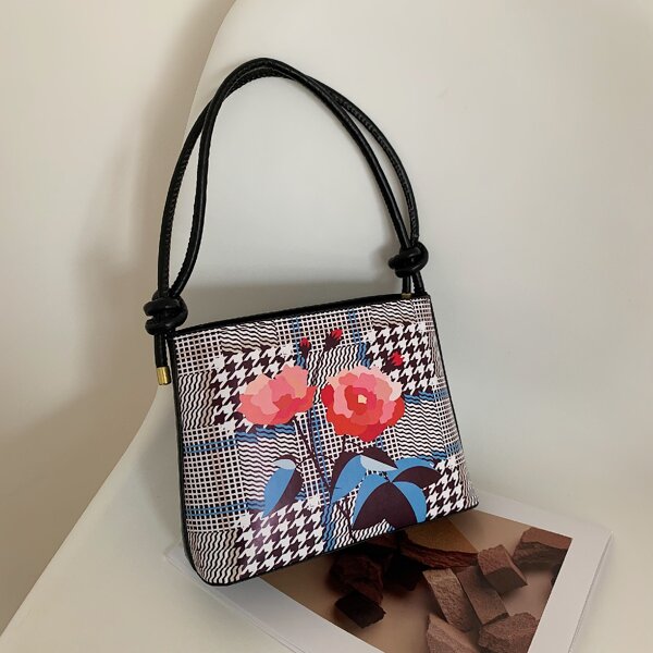 

Colorblock Floral Pattern Bucket Bag, Black