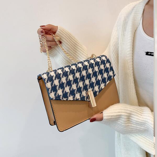 

Houndstooth Graphic Flap Chain Shoulder Bag, Multicolor