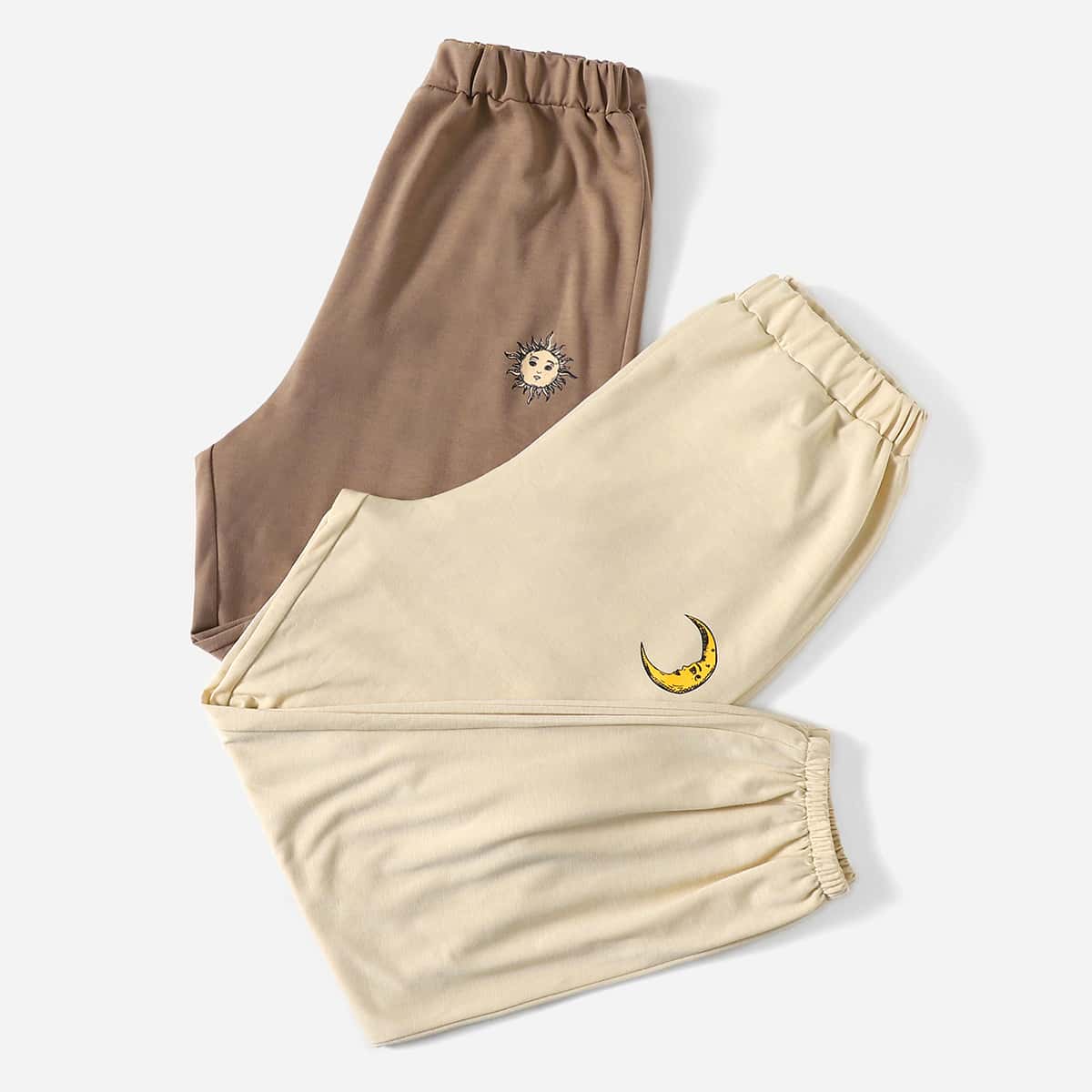 

2pcs Sun & Moon Graphic Sweatpants, Multicolor