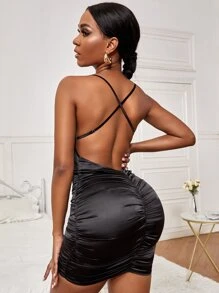 SHEIN SXY Vestido ajustado escote drapeado fruncido de satén - Negro - Ver 2