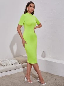 SHEIN Vestido verde neón de cuello alto de muslo con abertura - Verde Lima - Ver 3