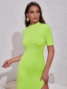 SHEIN Vestido verde neón de cuello alto de muslo con abertura - Verde Lima - Ver 5