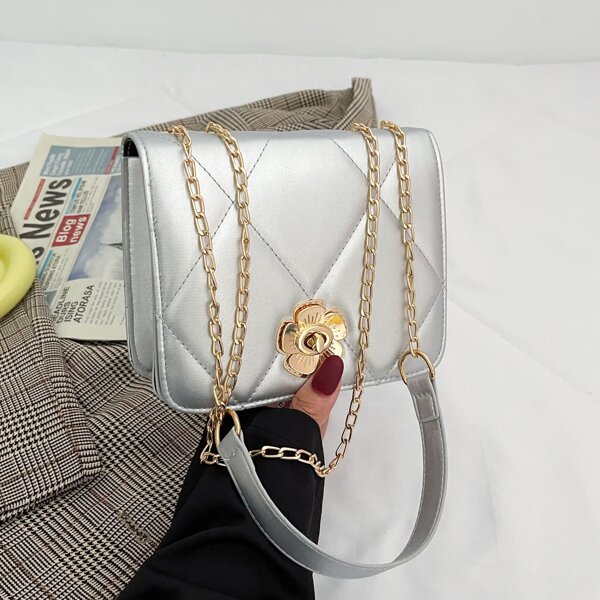 

Minimalist Floral Decor Quilted Flap Square Bag, Silver