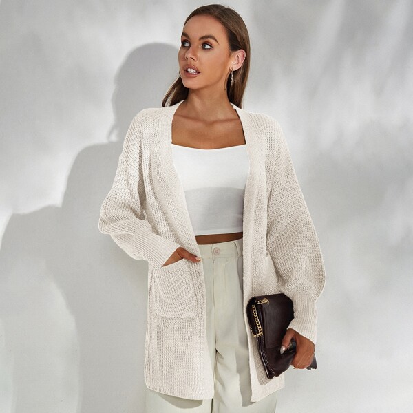 

Solid Drop Shoulder Open Front Cardigan, Beige