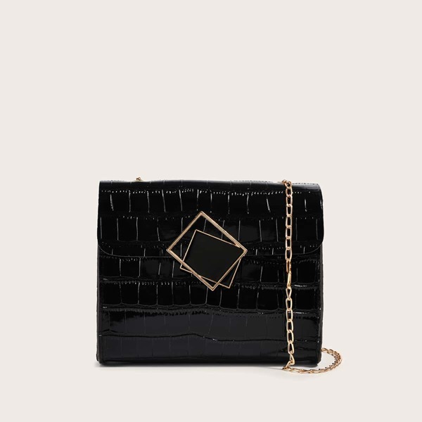 

Metal Decor Croc Embossed Flap Square Bag, Black